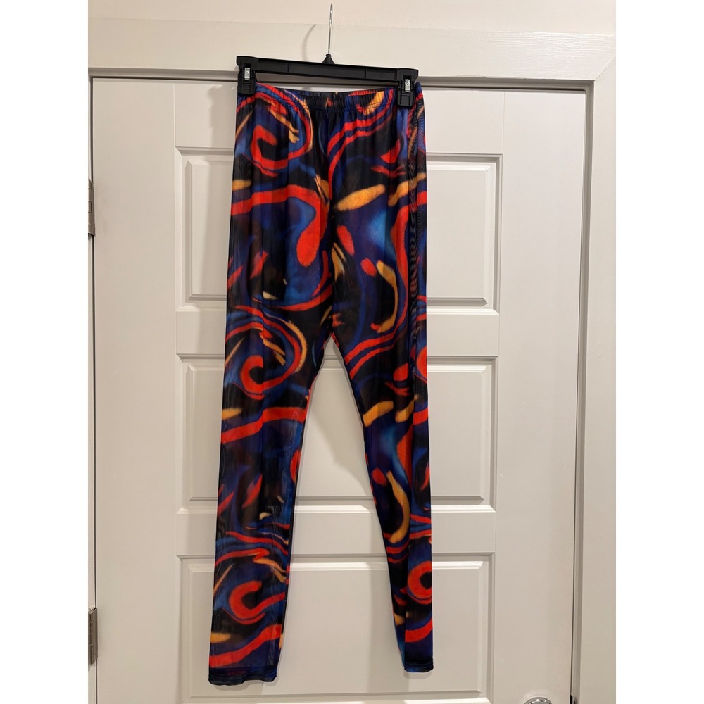 Abstract Swirl Sheer Mesh Leggings Blue Red Orange XL Psychedelic Rave Wear